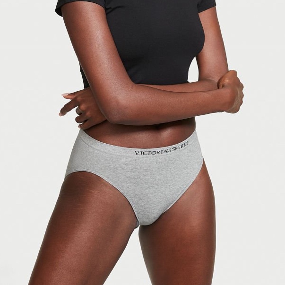 Victoria's Secret Seamless Logo High-Leg Brief Panty Heather Gray Large NEW